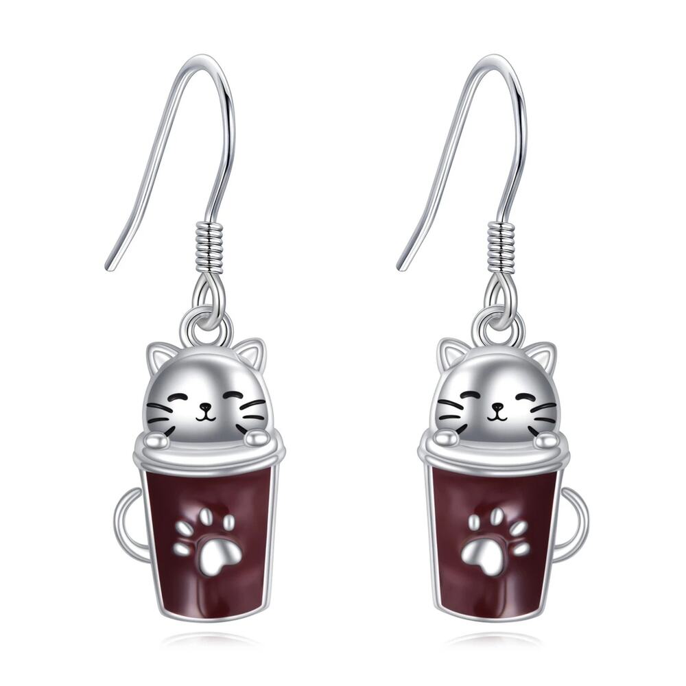 Cat Coffee Cup Earrings Kawaii Teacup Paw Print Animal Lover Gift Dangle NEW